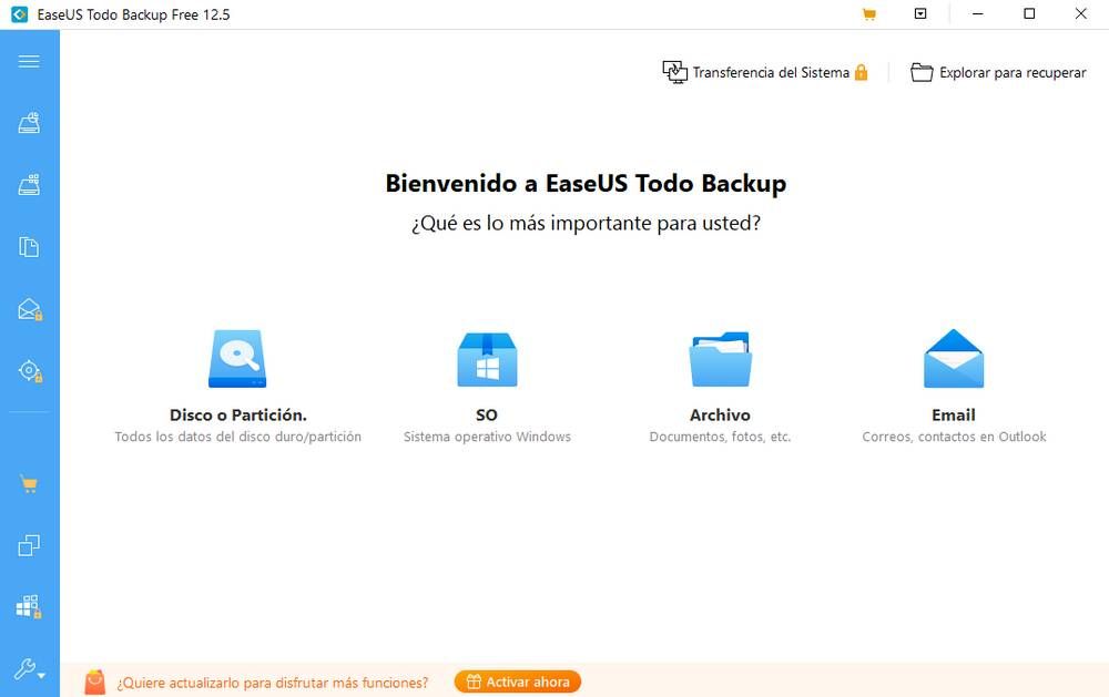 Interfaz de inicio de EaseUS Todo Backup Free mostrando opciones para copia de seguridad de disco, sistema, archivo y.