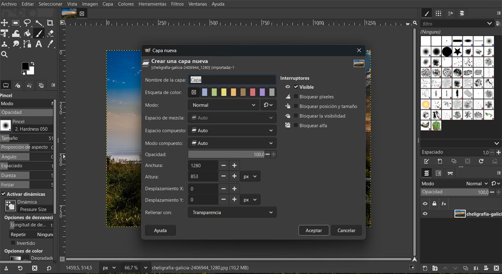 Función de capa nueva en el editor GIMP.