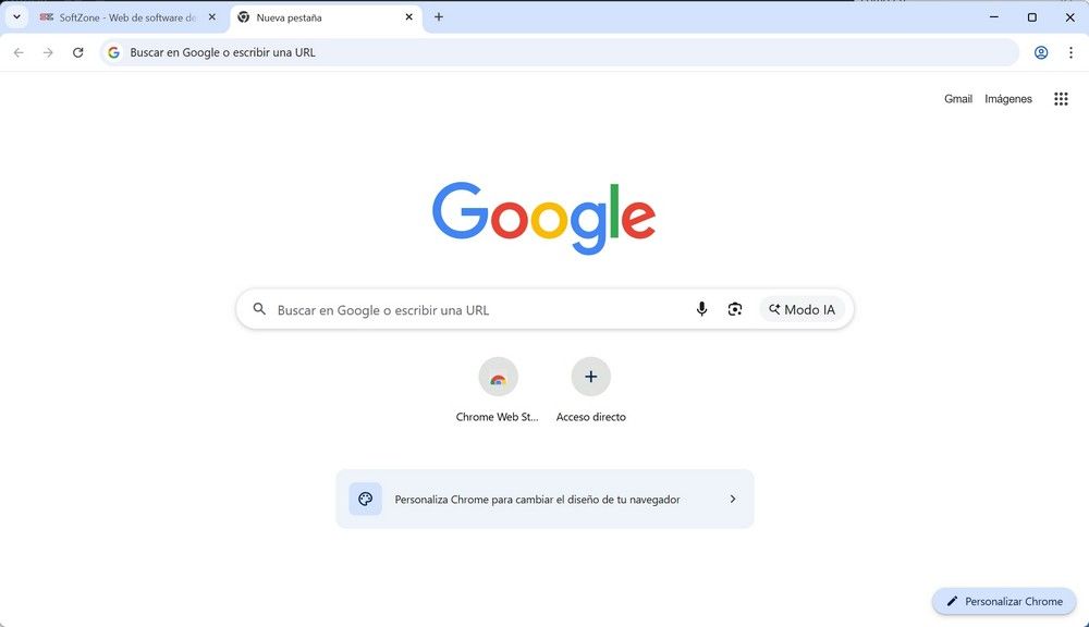 Página de inicio de Google con su logotipo y barra de búsqueda.