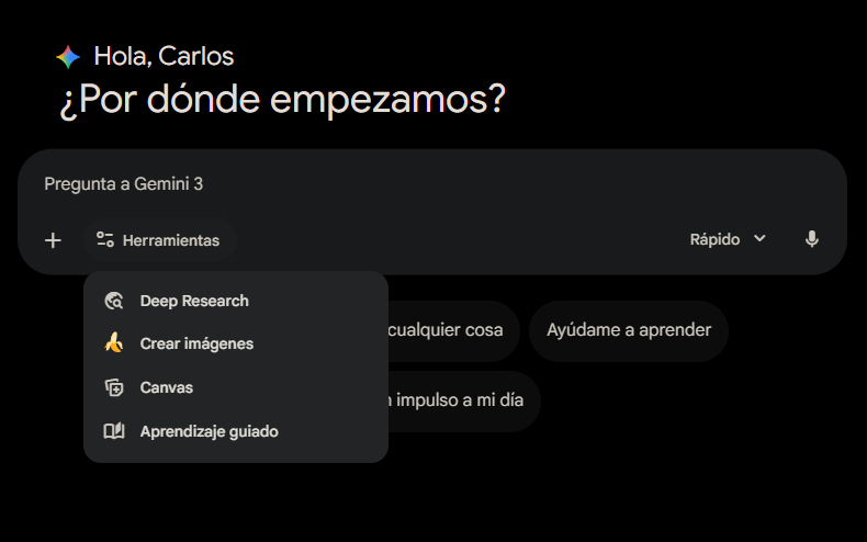 Herramientas disponibles en la interfaz de Gemini web mediante listado
