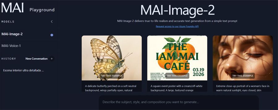 Interfaz IA imagenes MAI-Image-2 de Microsoft.