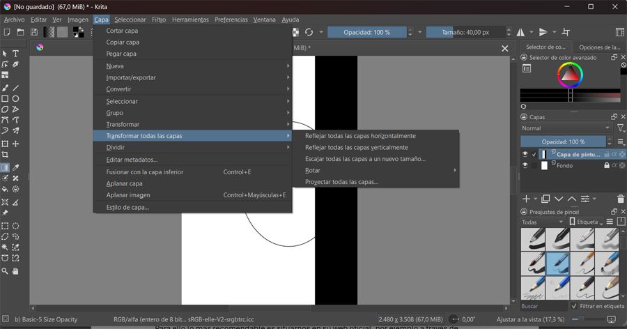 Interfaz del programa Krita con el menú capas a la vista.
