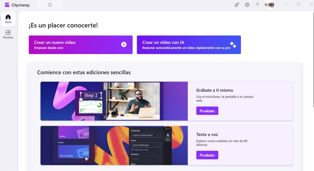 Interfaz principal del programa Clipchamp de Windows.