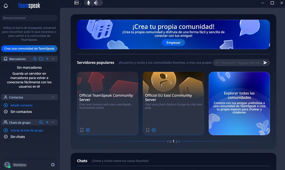 Interfaz principal de la app TeamSpeak para comunicaciones.