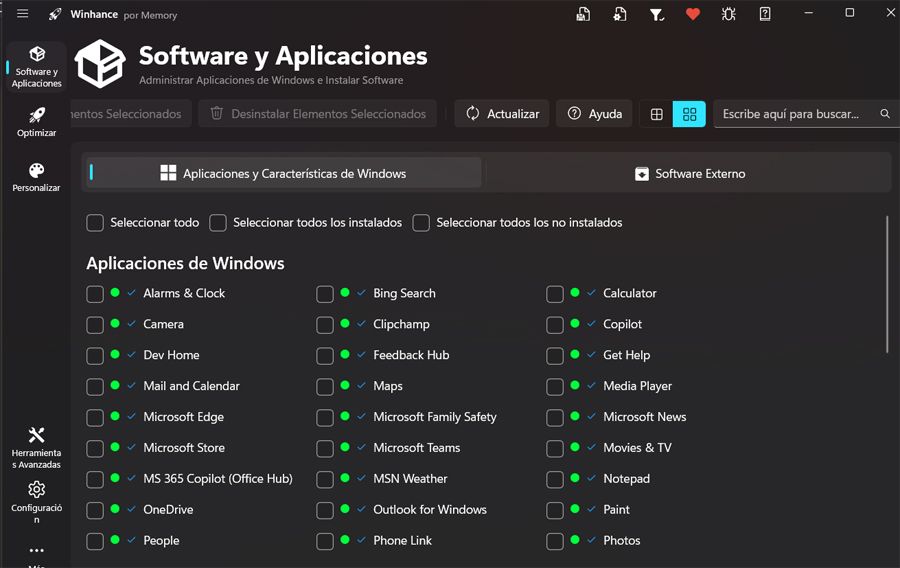 Interfaz principal del programa Winhance para limpiar Windows 11.