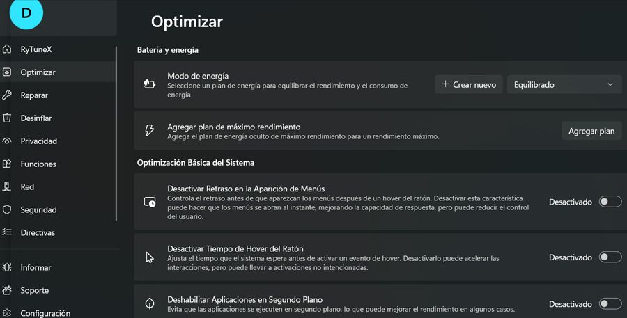 Interfaz principal del programa RyTuneX.