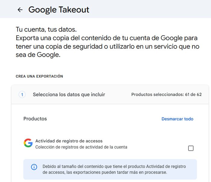Plataforma de Google Takeout para exportar.