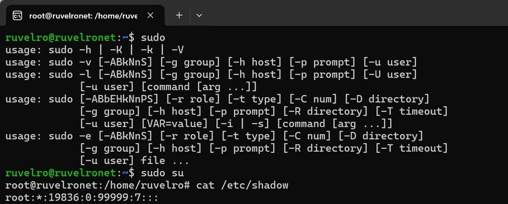 Terminal de Linux mostrando comando sudo y contenido del archivo /etc/shadow.