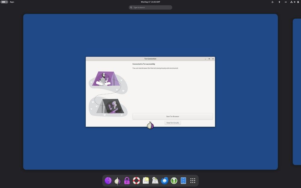 Ventana de conexión a la red Tor con barra de apps.