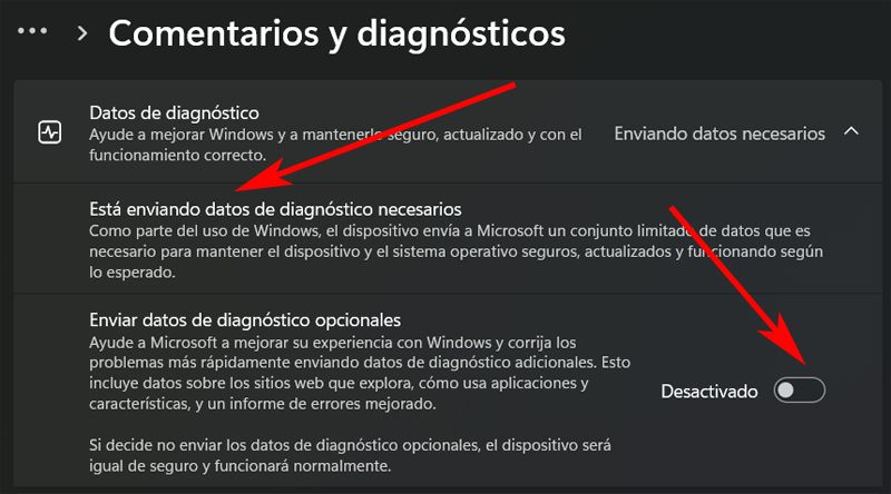 Datos de diagnostico mínimos en Windows 11.