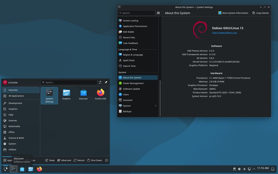 Interfaz de escritorio Debian 13 con menú de aplicaciones y panel de configuración.