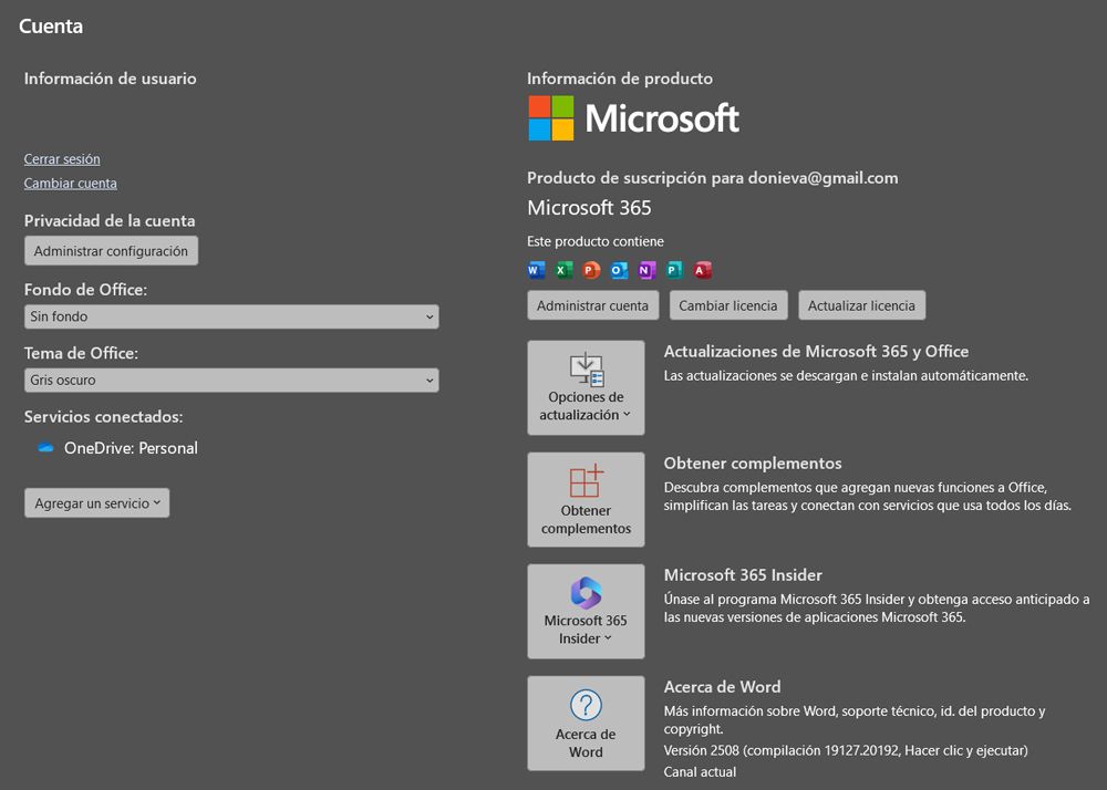 Microsoft 365 con muchas de sus opciones de configuración.