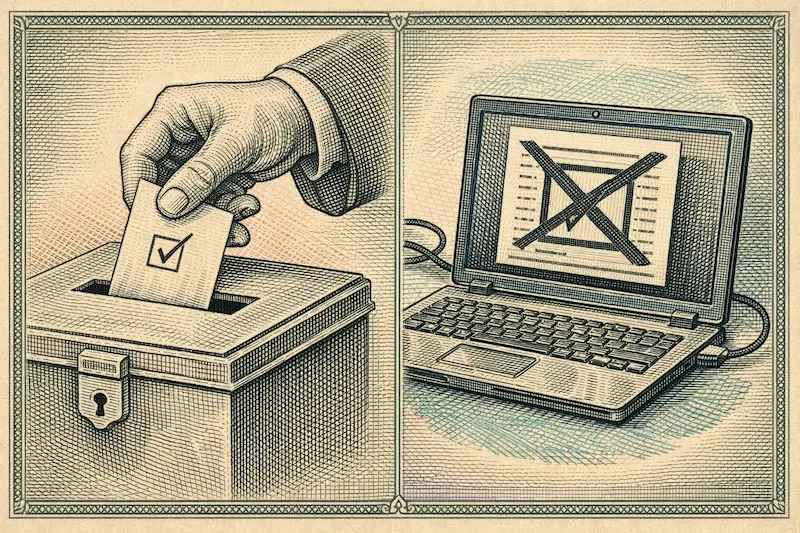 Hay razones de peso para no fiarse del voto electrónico en las elecciones reales. Que los suizos hayan perdido 2.048 votos en 3 pendrives en una prueba piloto es un mero ejemplo.