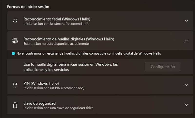 App de Configuración de Windows 11 en la sección Hello