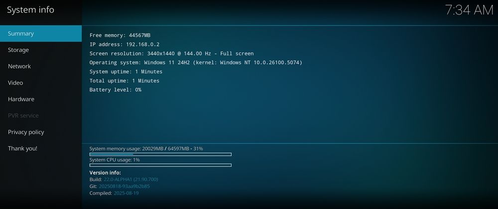 Menú de información del sistema de Kodi 22 Piers con la Alpha 1 instalada