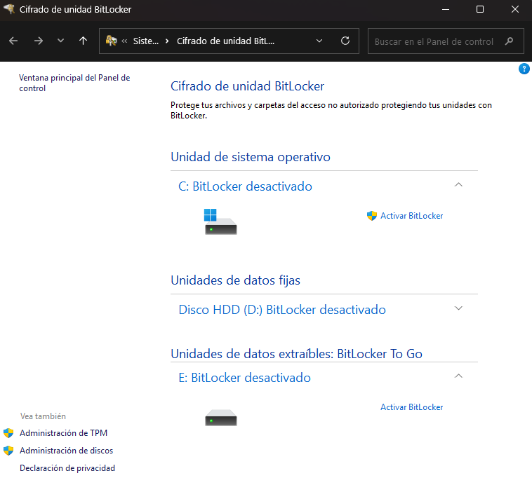 Ventana de Windows que nos permite activar la función de Bitlocker.