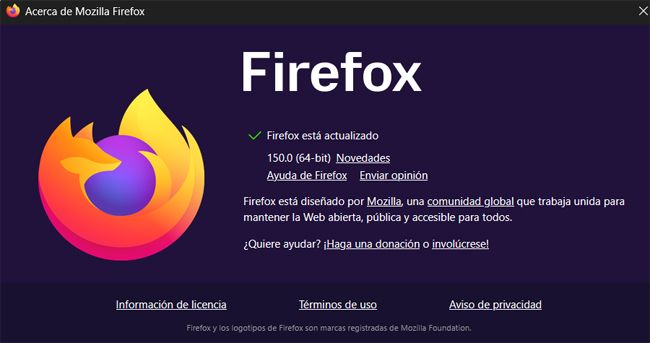 Firefox 150 ventana actualización