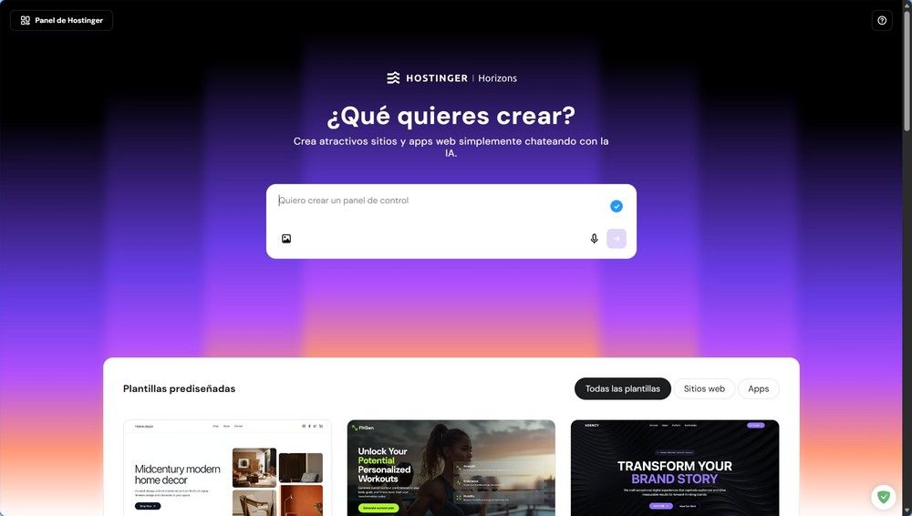 Captura de pantalla de la interfaz de Hostinger con la pregunta '¿Qué quieres crear?' y opciones de plantillas.
