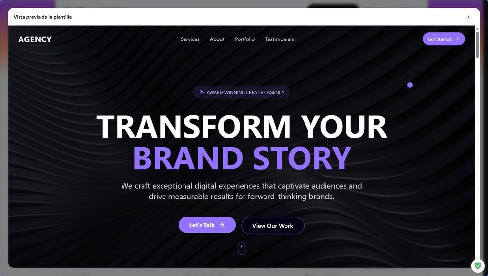 Maqueta de una página web con un diseño minimalista oscuro. En el centro aparece el texto TRANSFORM YOUR BRAND STORY con tipografía grande y el logotipo de AGENCY en la esquina superior izquierda.