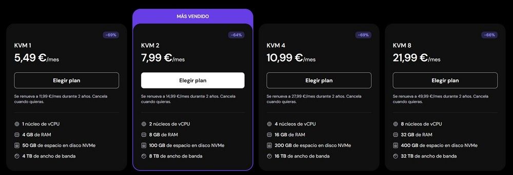 Captura de pantalla de cuatro planes de precios de Hostinger VPS, mostrando diferentes configuraciones de CPU, RAM.