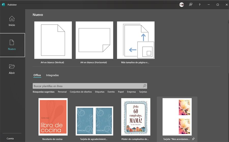 Pantalla de Inicio de Microsoft Publisher.