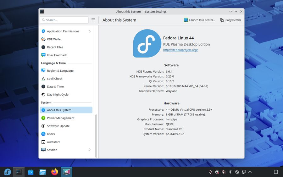 Interfaz principal de Fedora 44.