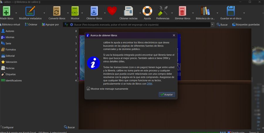 Interfaz principal del programa Calibre.