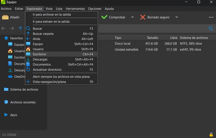 Peazip interfaz menú desplegado.