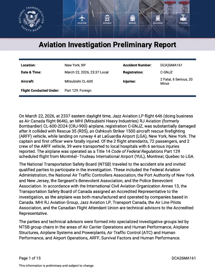 Publicado el informe preliminar del accidente entre un avión de Air Canada Express y un camión de bomberos en el aeropuerto de LaGuardia