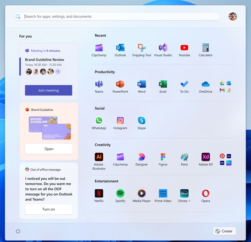 Primer prototipo de menú de Inicio