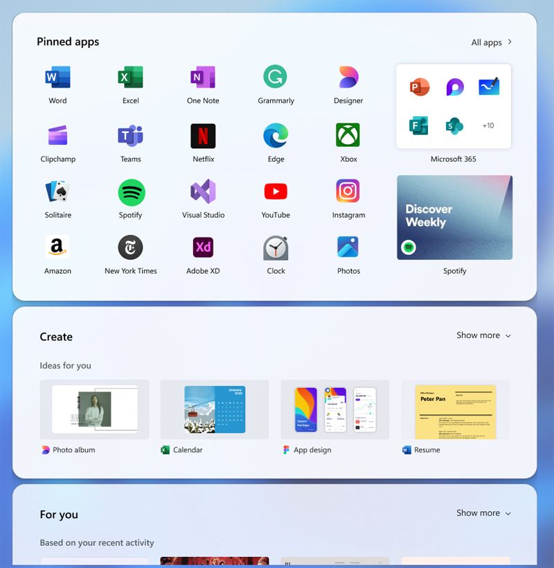 Quinto prototipo de menú de Inicio.