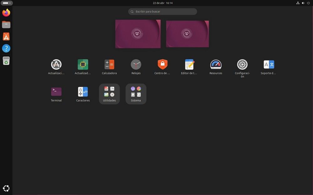Menú de aplicaciones de Ubuntu con iconos de sistema, utilidades y configuración sobre un fondo oscuro.
