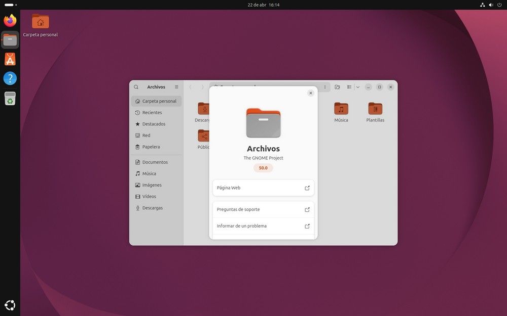Interfaz de escritorio del sistema operativo Ubuntu con el explorador de archivos abierto y una ventana emergente que muestra detalles de la versión 50.0 de Archivos de GNOME.