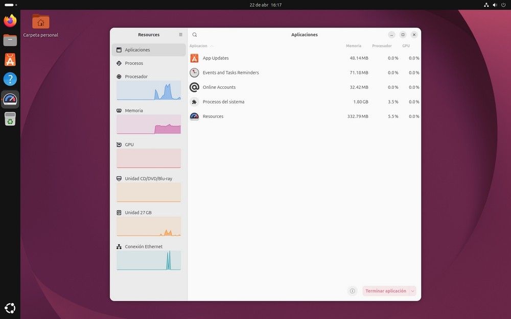 Interfaz del monitor de recursos en el escritorio de Ubuntu con gráficas de rendimiento y lista de aplicaciones abiertas.