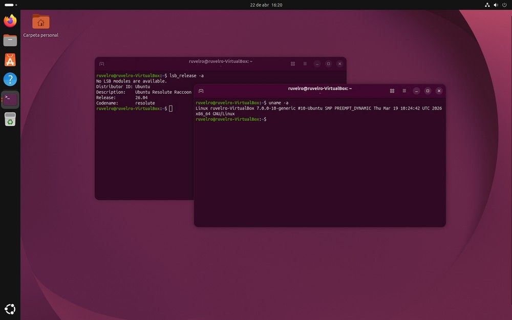 Interfaz de escritorio de Ubuntu 26.04 con dos ventanas de terminal abiertas que muestran información del sistema y la versión del kernel.