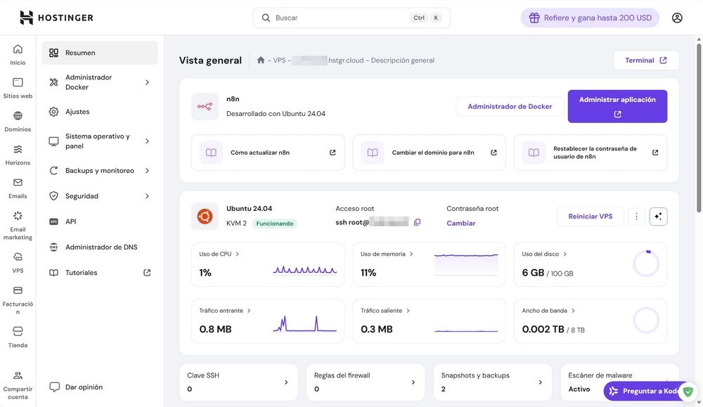 Captura de pantalla del panel de control de Hostinger mostrando la vista general de un VPS con n8n y detalles de recursos.
