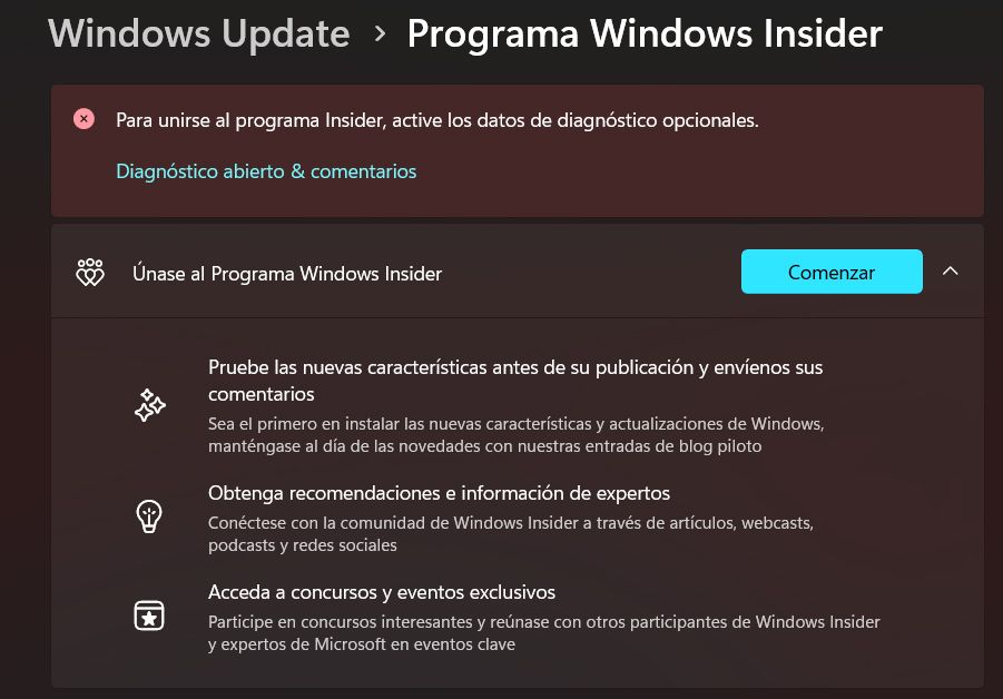 Ventana configuración Insider Windows
