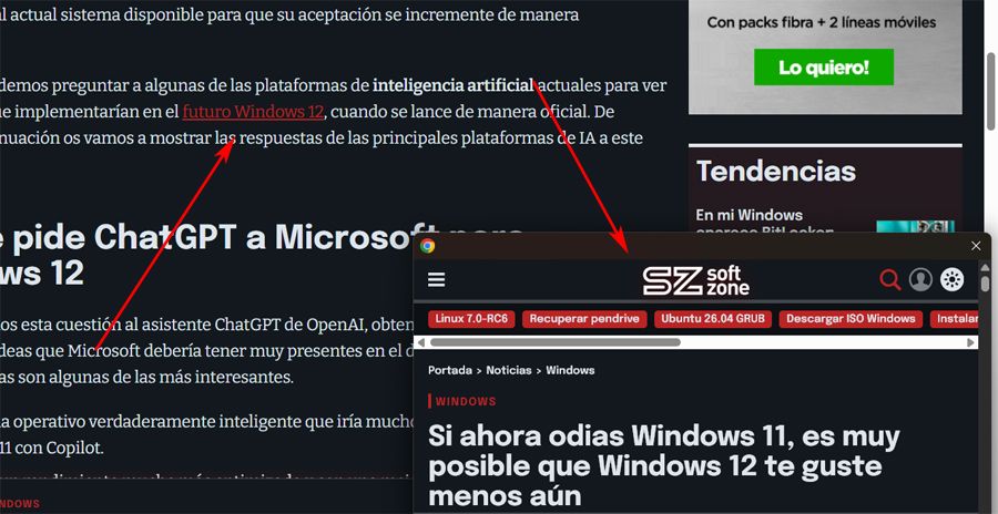 Vista previa enlaces función Chrome.