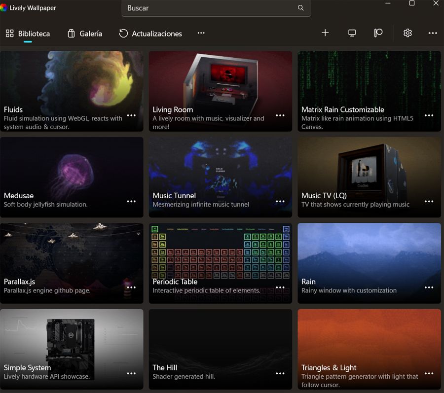 Interfaz del programa Lively Wallpaper para Windows.