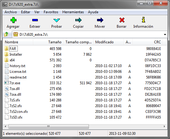 Interfaz del compresor de archivos 7-zip.