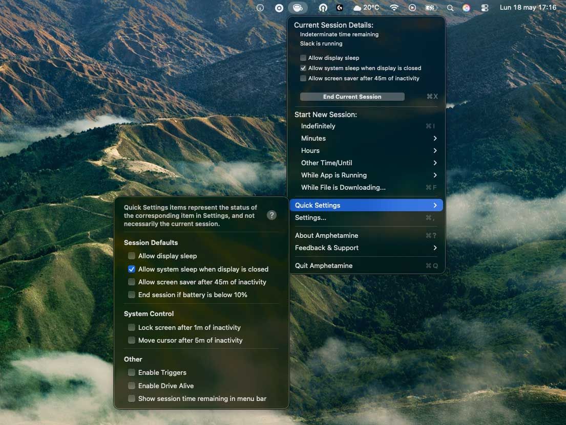 Menú desplegable de la aplicación Amphetamine en la barra de navegación de macOS sobre un fondo de pantalla de montañas.