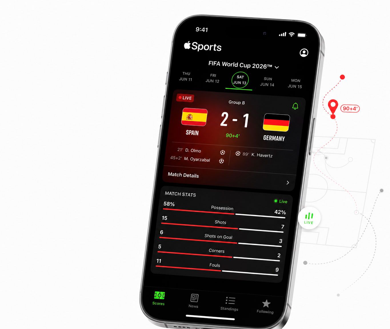 Apple Sports añade la cobertura para el Mundial de Fútbol 2026 | Montaje de LaManzanaMordida, imagen no oficial