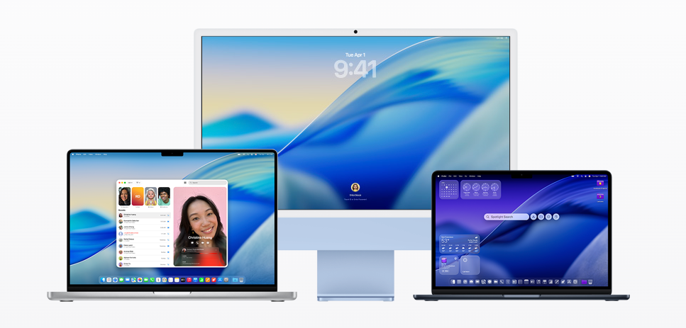 Tres ordenadores Apple, un iMac central y dos ordenadores portátiles MacBook, mostrando la interfaz del sistema operativo macOS con widgets, videollamadas y pantalla de bloqueo sobre un fondo azul degradado.