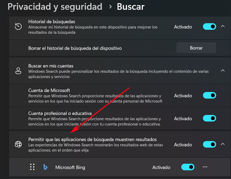 Desactivar las búsquedas web predeterminadas en Windows 11.