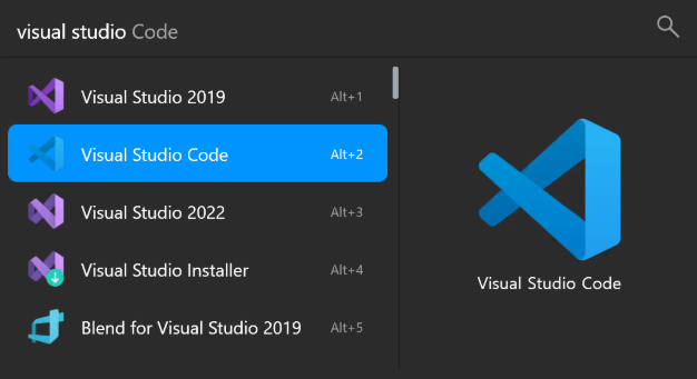 Interfaz de búsqueda de Flow Launcher mostrando resultados para Visual Studio Code con atajos de teclado.