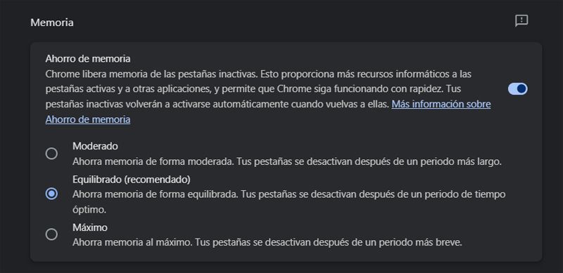 Ahorro memoria Chrome función