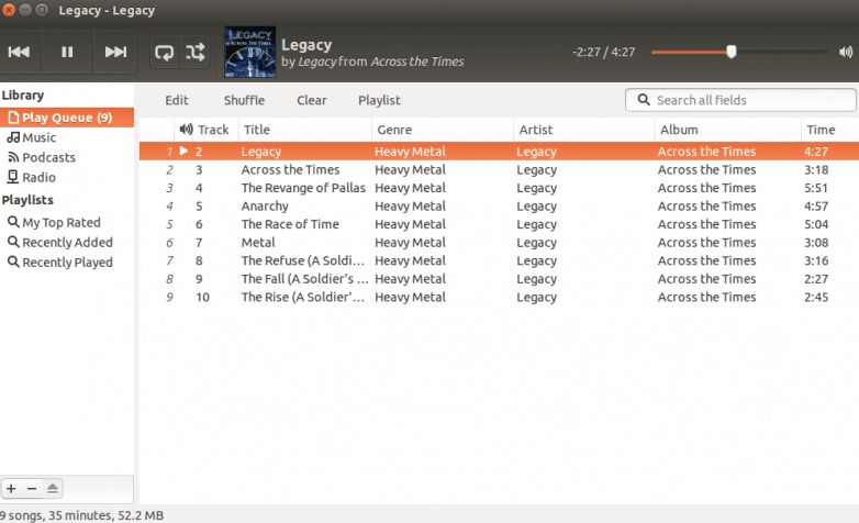 Interfaz del reproductor Linux Rhythmbox,