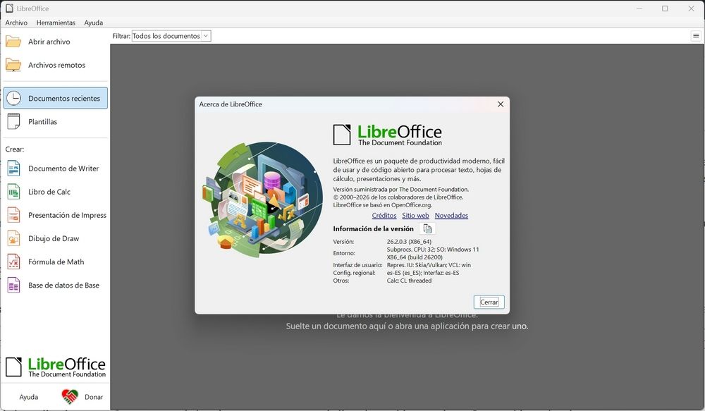 Ventana de información técnica de LibreOffice sobre el menú de inicio de la suite ofimática.
