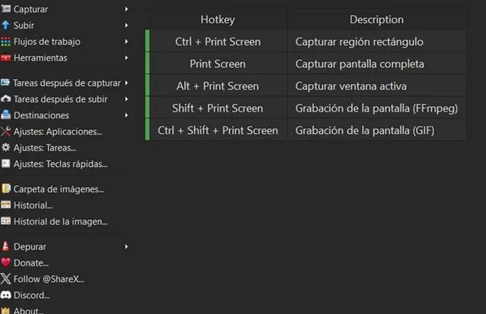 Modos de captura de ShareX.
