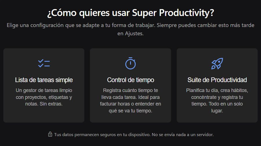 Modos de funcionamiento de Super Productivity.